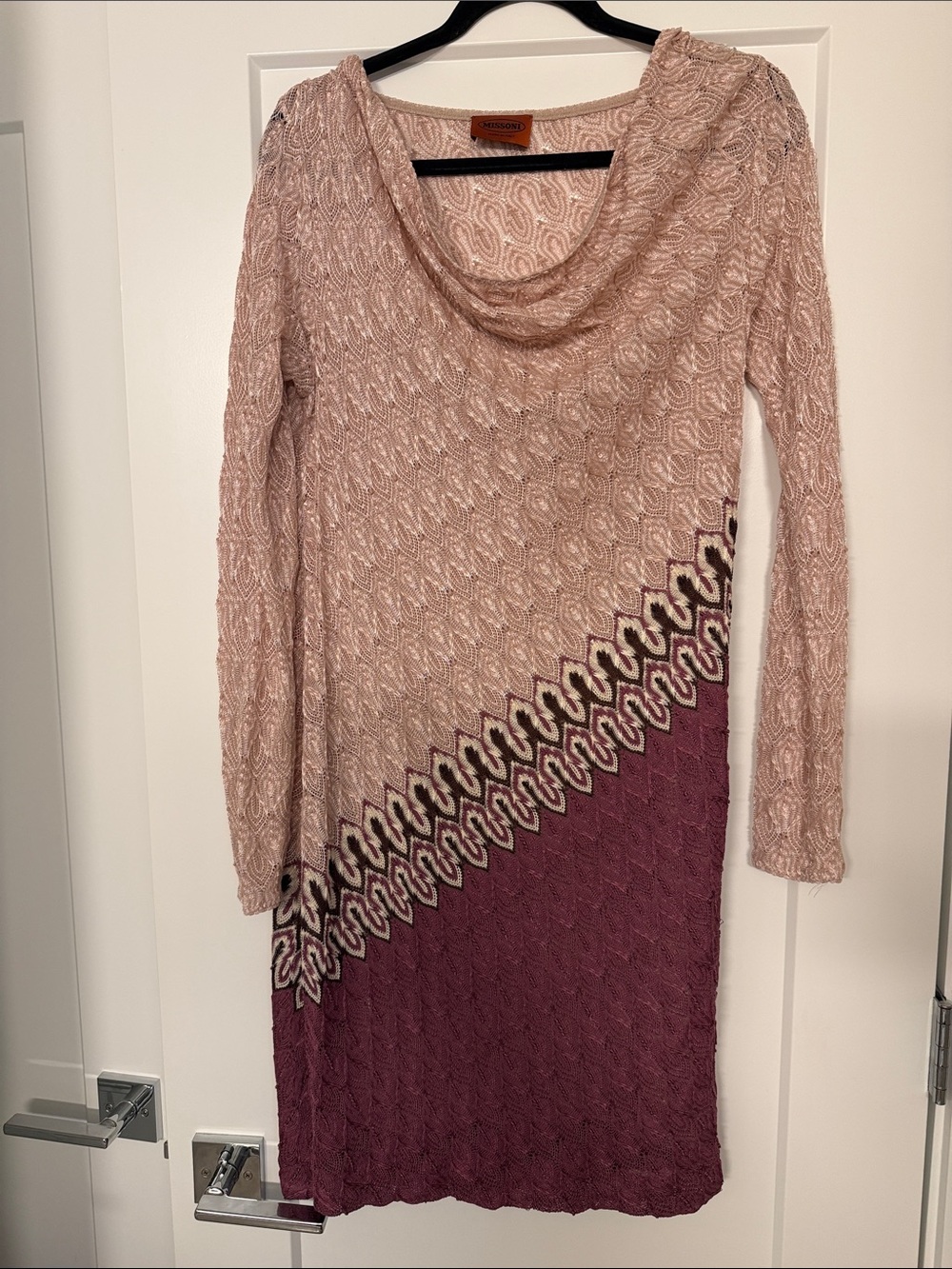 Missoni Orange Label Italian 42 US 6 Pink Knit Cowl Neck Long Sleeve Dress Slip